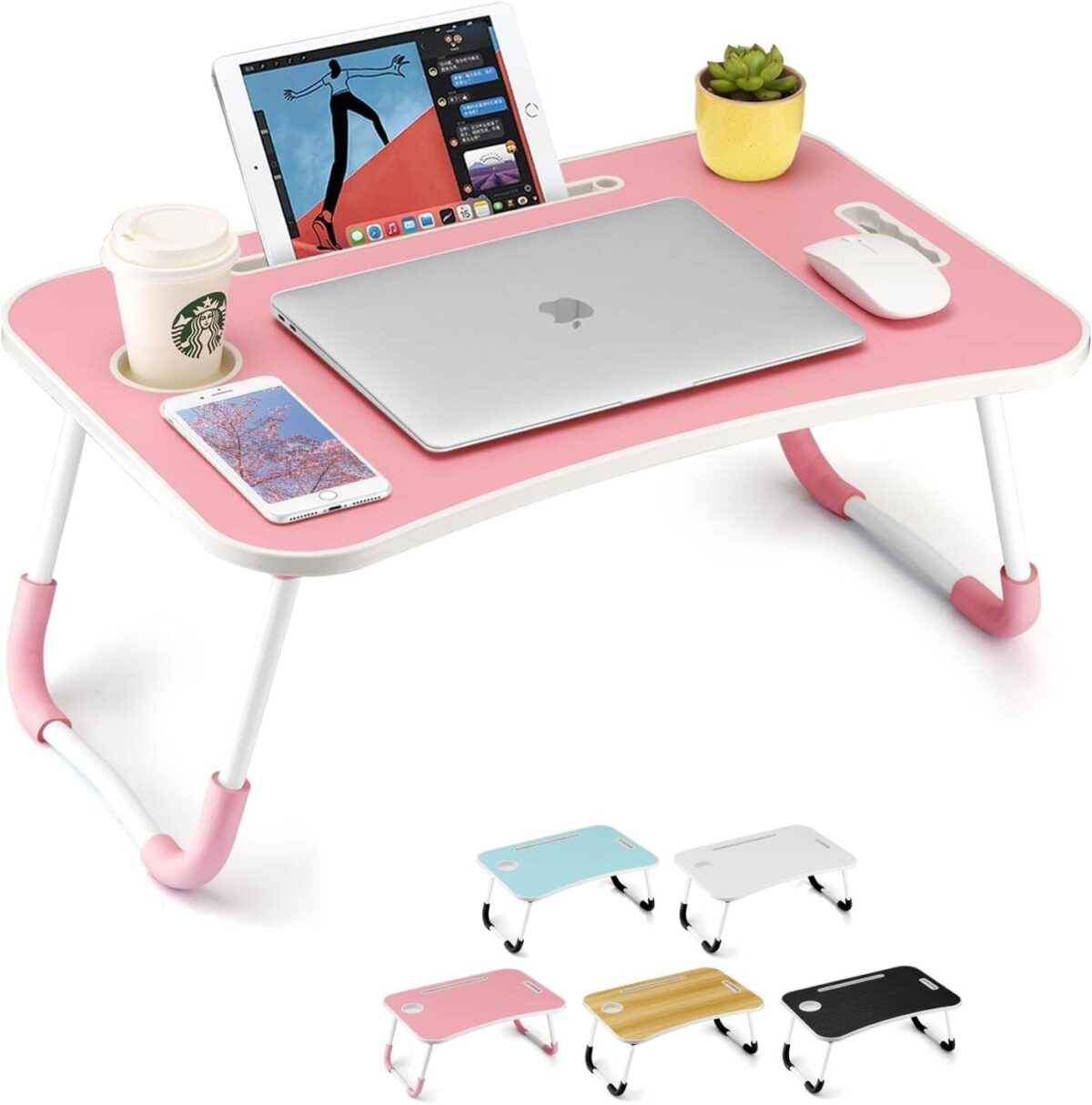 portable folding bed table, laptop desk with ipad and cup holder adjustable lap tray notebook stand,foldable non slip legs reading table tray for working,studing,camping 60×40×28cm assorted