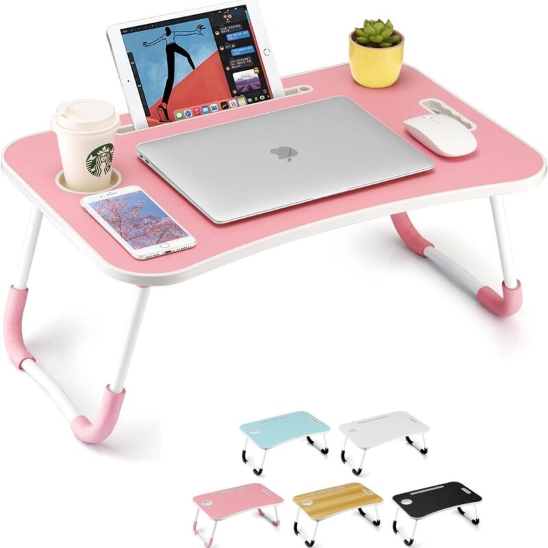portable folding bed table, laptop desk with ipad and cup holder adjustable lap tray notebook stand,foldable non slip legs reading table tray for working,studing,camping 60×40×28cm assorted