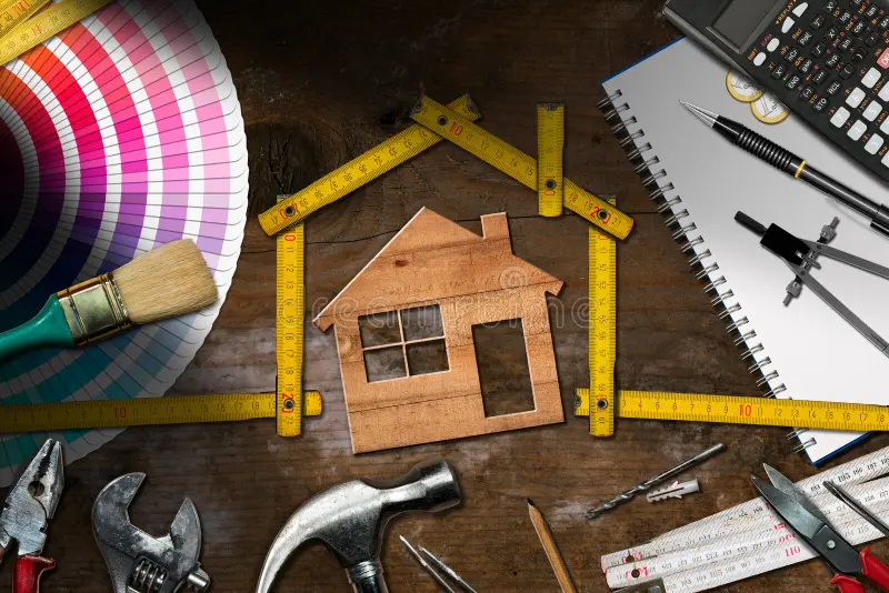 work tools model house home improvement home improvement concept wooden model house folding ruler work tools 101852069